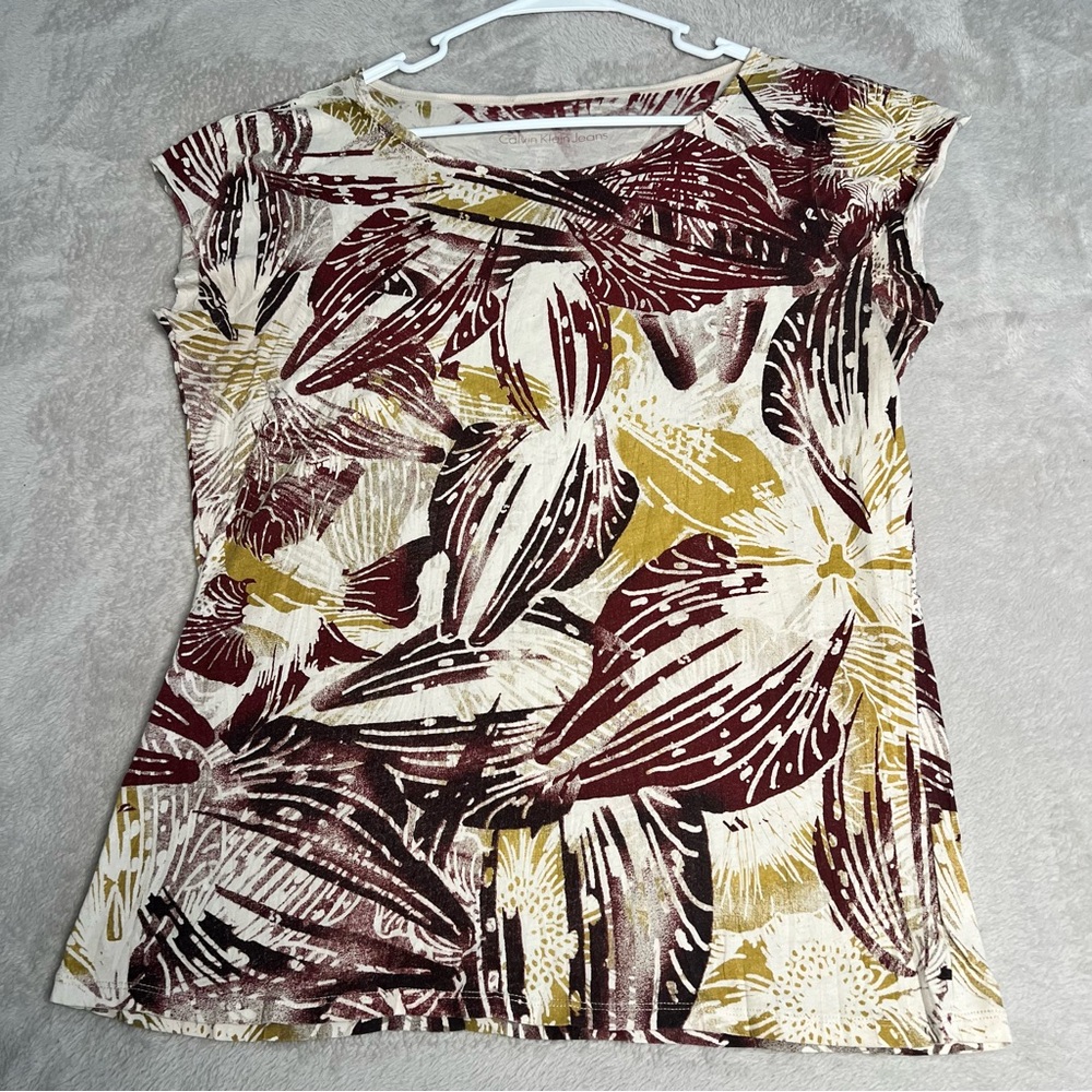 Calvin Klein T-Shirt Top Women size Large Vacation Tropical Floral‎ Multicolor